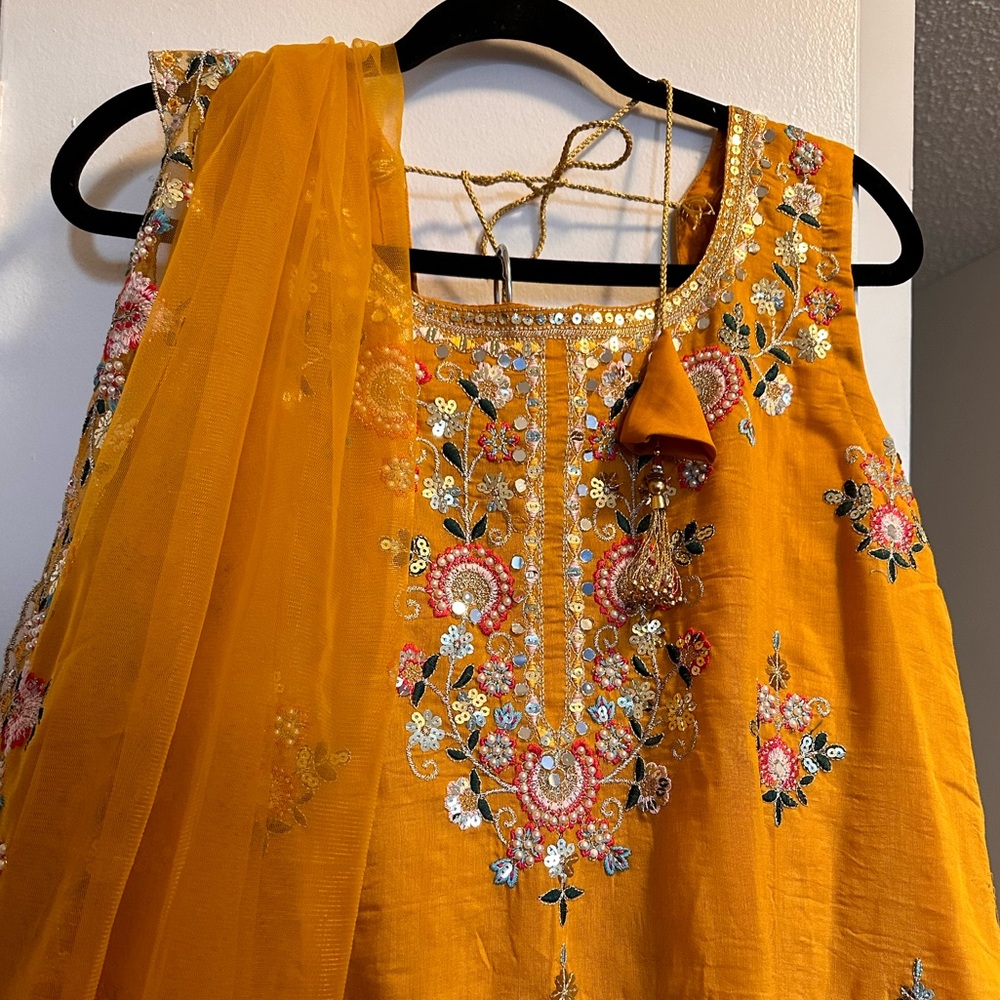 Yellow Indian 3PC Embroidered Sharara Set, Palazzo Set Size XL + Sequin Kurta